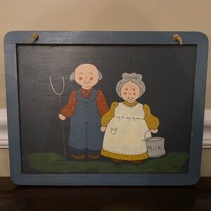 Vintage Farmhouse Painted Chalkboard w./Elderly Dairy Farmers ?Amish ?Folk Art